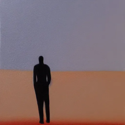 Prompt: an elegant minimalist oil on painting of a lonely man wandering in the burning desert, glittering, low dof, sparks