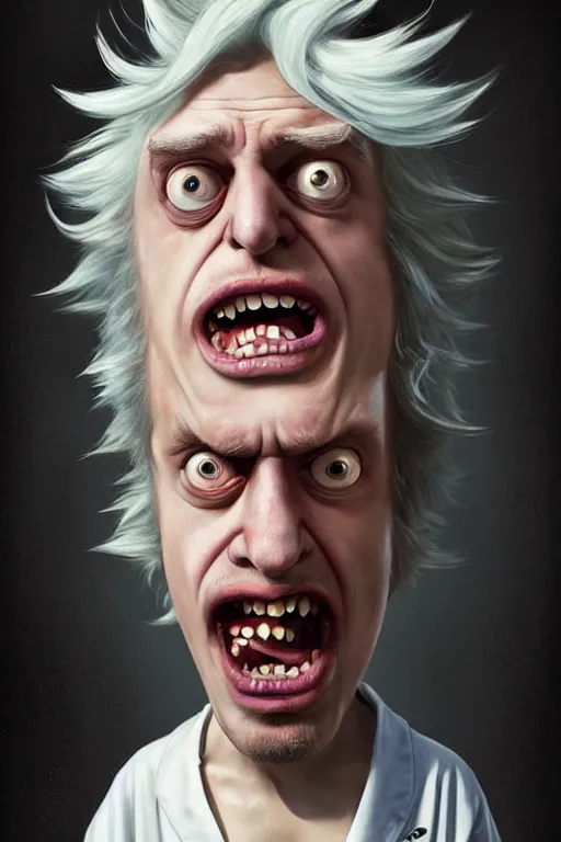 Image similar to Boris Johnson as crazy genius Rick Sanchez from Rick and Morty, unibrow, white robe, big eyes, realistic portrait, symmetrical, highly detailed, digital painting, artstation, concept art, smooth, sharp focus, illustration, cinematic lighting, art by artgerm and greg rutkowski and alphonse mucha