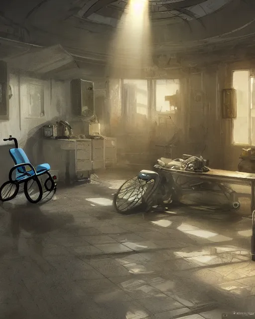 Prompt: artstation scifi scene of a a shabby chinese ward, a bouquet of light on the ground business card, huge floor - to - ceiling fan, wheelchair, crutches, dust, paneled walls, unreal engine 5, hyper realism, realistic shading, cinematic composition, blender render, octane render, hdr, detailed textures, photorealistic, wide shot