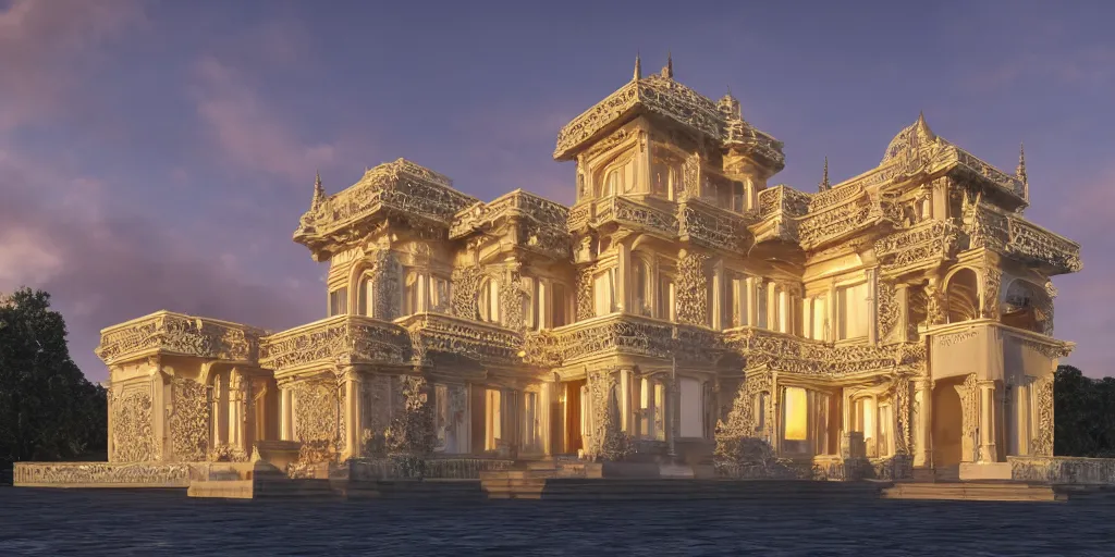 Image similar to extremely detailed ornate stunning sophisticated beautiful house, stunning volumetric light, sunset, concrete and translucent material, stunning skied, 8k