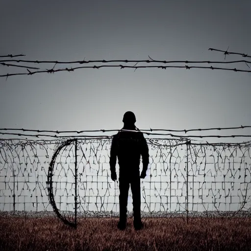 Image similar to a man standing in front of a fence with barbed wire, minimalism, dystopian art, retrofuturism