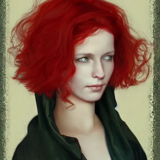 Image similar to Red haired Swiss german woman, highly detailed, in the style of romanticism, cinematic, artstation, Moebius