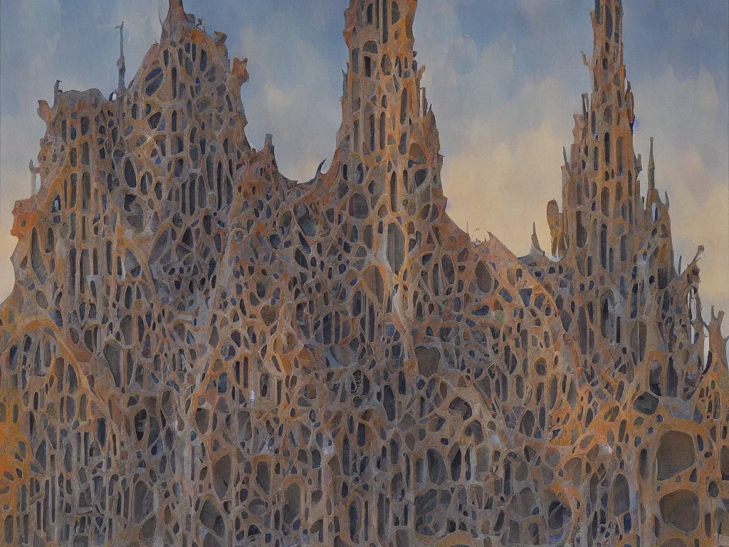 Prompt: a landscape painting of an architecture by Antoni Gaudí, trending on artstation