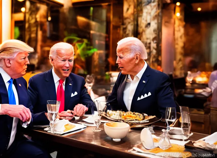 Image similar to Trump and Biden having dinner at a fancy Balinese restaurant, award winning cinematic photography, sigma 85mm Lens F/1.4, blurred background, perfect faces