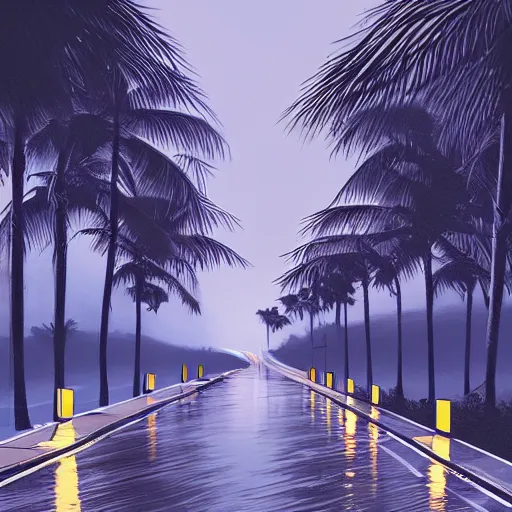 Image similar to dimly lit wavy road at night after rain that leads to a small cozy beach surrounded by palm trees, shot from sky, desaturated, photorealistic, beautiful, sharp, highly detailed, artstation, pixvy, syd mead, scott robertson