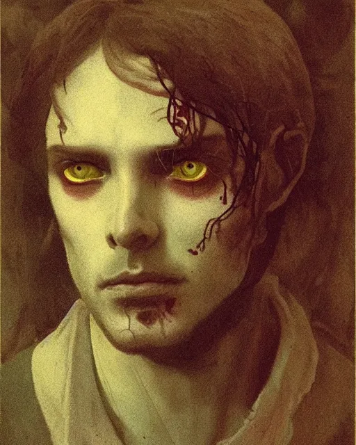 Prompt: a handsome but sinister and creepy man in layers of fear, with haunted eyes, violence in his eyes, 1 9 7 0 s, seventies, delicate embellishments, a little blood, woodland, moonlight shining on wildflowers, painterly, offset printing technique, by alexandre cabanel