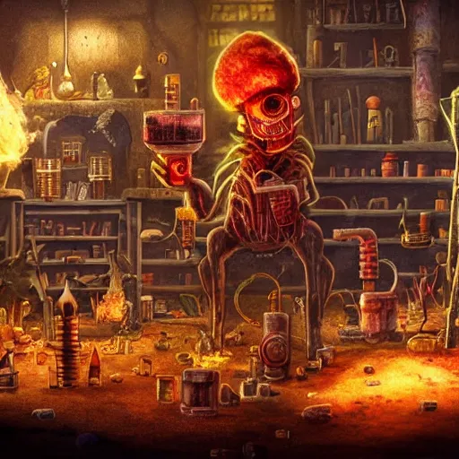 Prompt: these monsters are consumed by fire, yet they remain unharmed. they are surrounded by the tools of the alchemist's trade - beakers and test tubes full of colorful liquids, crystals, and books of ancient knowledge. the scene is suffused with an eerie glow, as if something magical is happening here. cinematic photorealistic