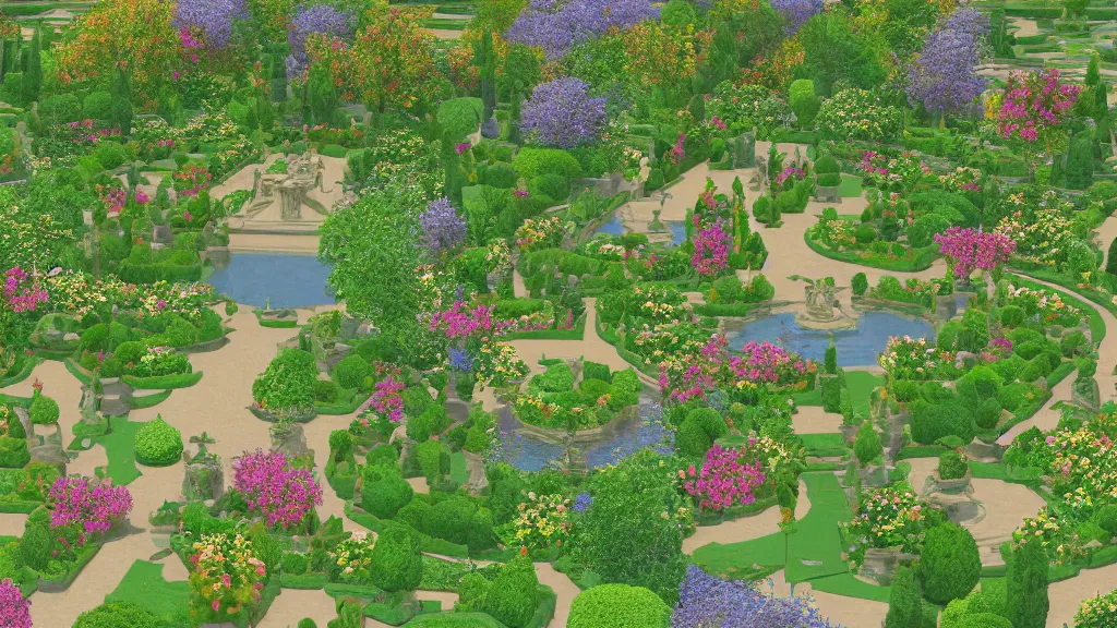 Image similar to versailles garden in an early 3 d low polygon style