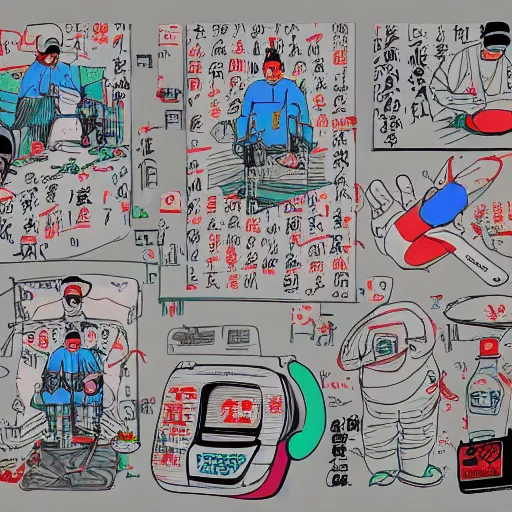 Image similar to chinese surgery operating table, in the style of daniel johnston and outsider art, 8k, line brush, overlaid with chinese adverts