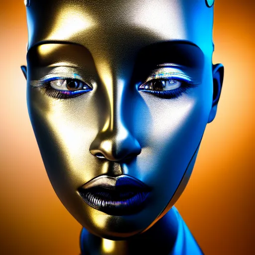 Image similar to portrait of metallic robot face, african woman, mercury, mirror reflections, smooth, liquid metal, proud, looking away, outdoor, blue sky, 8 k, realistic, depth of field, highly detailed, award winning photography