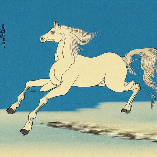 Image similar to A beautiful digital art of a horse. The horse is shown running through a field with a flowing mane and tail. The background is a peaceful blue sky. rendered in povray by Kawanabe Kyōsai unified, gloomy