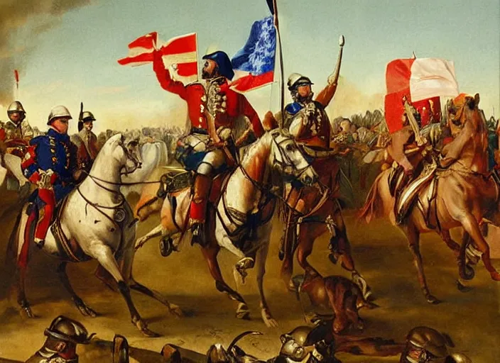 Image similar to a high detail oil painting equestrian image of judge baltasar garzon leading spain and the troops to victory over the moors, raising the spanish flag with his right hand and a sword in his left