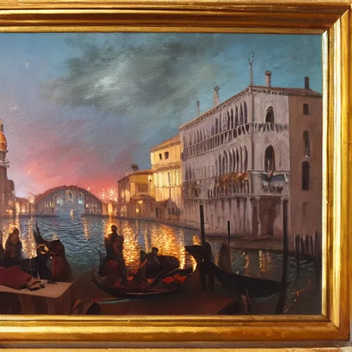 Image similar to an oil painting of couple kissing, in a background fireworks in venice