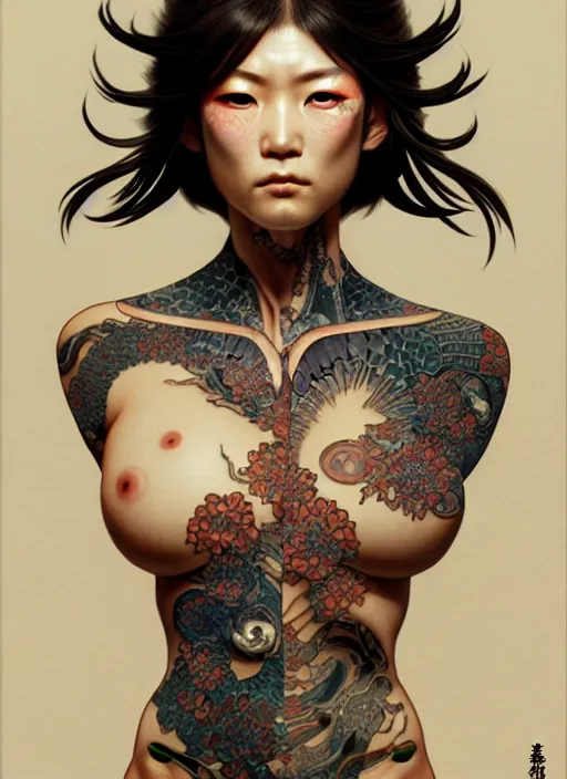 Image similar to Japanese Yakuza cyborg, diffuse lighting, fantasy, intricate, elegant, highly detailed, lifelike, photorealistic, digital painting, artstation, illustration, concept art, smooth, sharp focus, art by John Collier and Albert Aublet and Krenz Cushart and Artem Demura and Alphonse Mucha