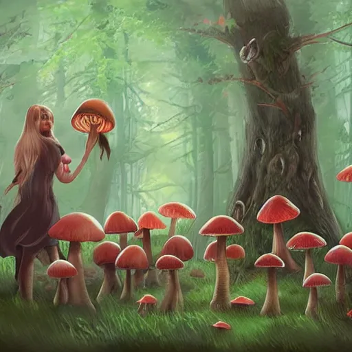 Image similar to forest witch gathering mushrooms, 2d, art direction, artstation, digital painting