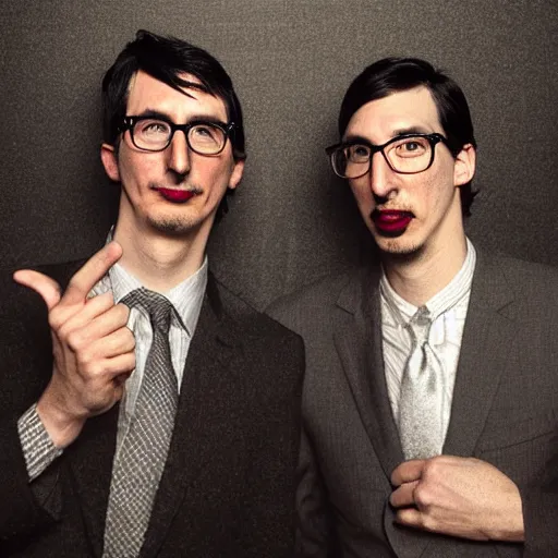 Image similar to photo booth of 2 people, john oliver on left, adam driver on right, full body, elegant, beautiful, highly detailed, centered, dark, smokey, digital painting, concept art, smooth, sharp focus, illustration, deviant art, art by artgerm, art by greg rutkowski, art by alphonse mucha