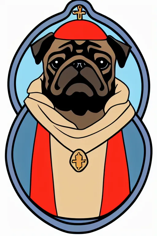 Prompt: Portrait of a pug as the pope, medieval, sticker, colorful, illustration, highly detailed, simple, smooth and clean vector curves, no jagged lines, vector art, smooth