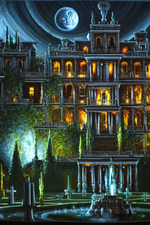 Image similar to a highly detailed painting of a haunted mansion with gardens and fountains surrounded by a cemetery, 1 9 8 0 s science fiction, 1 9 7 0 s science fiction, alien 1 9 7 9, cyberpunk, 3 d oil painting, depth perception, 4 k, artstation