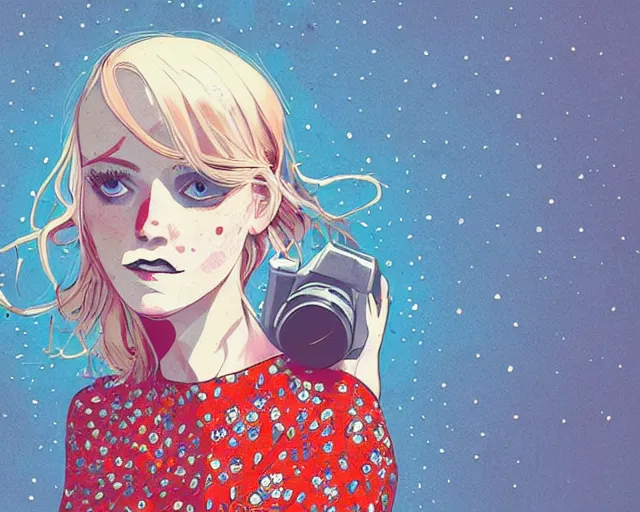 Image similar to pale young woman with bright blonde hair, freckles, blue eyes and a wide face, flowery dress, she is holding a professional dslr camera close to her face, dramatic lighting, bright flare, surreal art by conrad roset