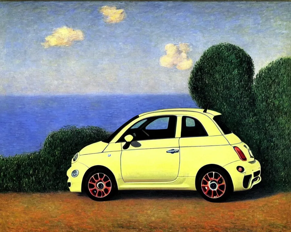 Image similar to achingly beautiful painting of a 2 0 1 3 fiat 5 0 0 abarth by rene magritte, monet, and turner. whimsical.