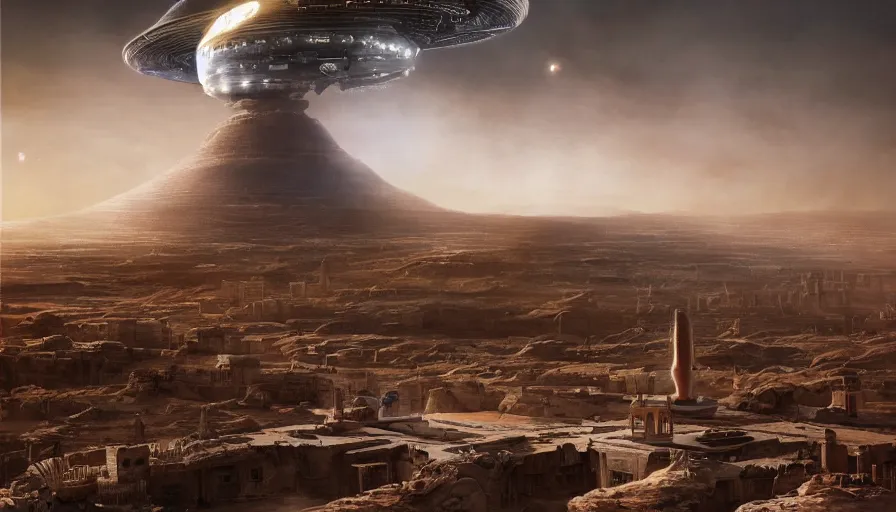 Image similar to a giant alien ufo high tech spaceship eerily hovering on nineveh on mesopotamia city landscape with beautiful shrines by greg rutkowski, artgerm, ross tran, magali villeneuve, intricate, time travel theme, audince in awe, spectacle, audience sorrounding, award winning, octane render, masterpiece, 8 k, beautiful