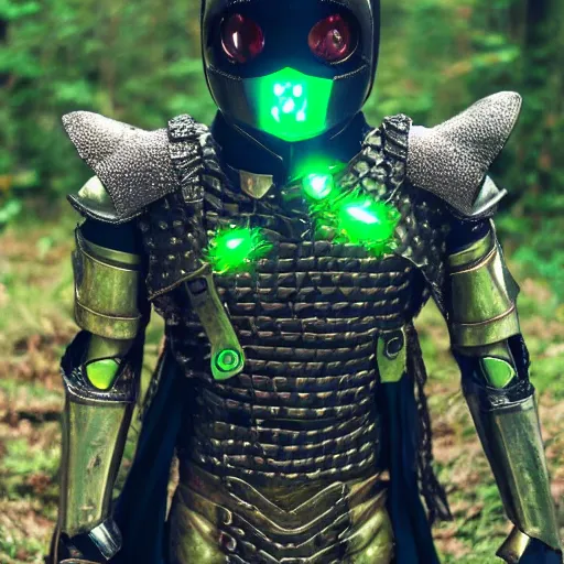 Image similar to High Fantasy Kamen Rider, glowing eyes, 4k, forest plains of north yorkshire, daytime, chainmail rubber undersuit, segmented armor, dark blue armor with green secondary color, tokusatsu