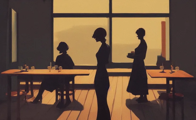 Prompt: a mysterious dimly lit dinner scene illustration by atey ghailan and escher and edward hopper, surreal