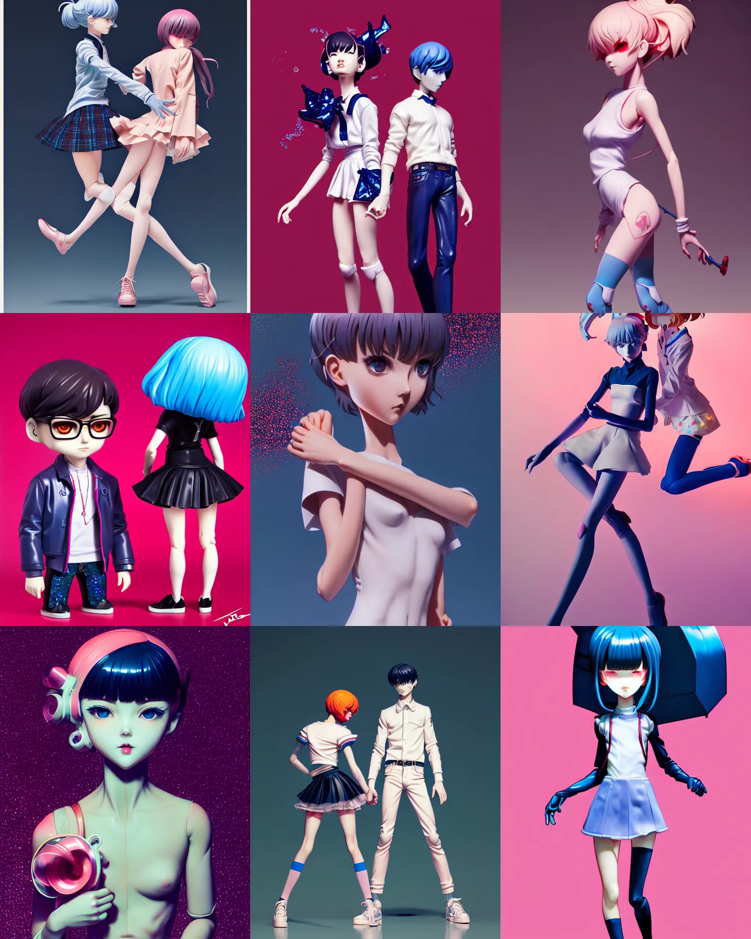 Prompt: james jean and ilya kuvshinov isolated vinyl figure high school girl boy, expert figure photography, dynamic pose, interesting color palette material effects, glitter accents on figure, anime stylized, accurate proportions artgerm realism, high delicate defined details, holographic undertones, ethereal lighting, editorial awarded