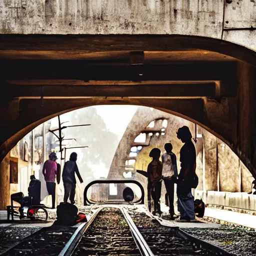 Prompt: poor people life under railway bridge, award winning, realistic, 4 k, hyper details, portrait by steve mccury and annie leibovitz and chindy sherman, best on adobe stock, cinematic, detailed place and people