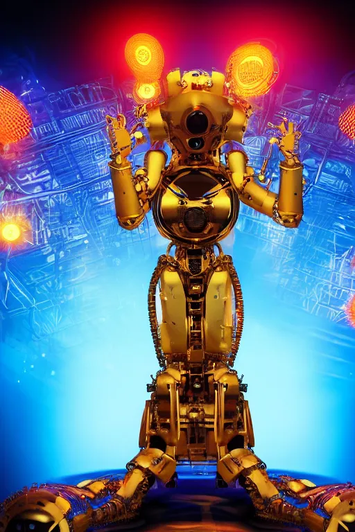 Prompt: portrait photo of a giant huge golden and blue metal humanoid steampunk cyborg female with a human face singing with mouth open and gears and tubes, in the foreground is a big red glowing microphone, eyes are glowing red lightbulbs, shiny crisp finish, 3 d render, 8 k, insaneley detailed, fluorescent colors, background is multicolored lasershow