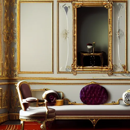 Prompt: wide shot. a mirror reflecting a painter that paints a royal room on a big canvas. realistic render. ultra realistic . octane render. Dali