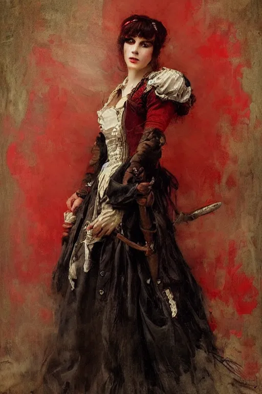 Image similar to Solomon Joseph Solomon and Richard Schmid and Jeremy Lipking victorian genre painting full length portrait painting of a young beautiful woman traditional german french pirate wench in fantasy costume, red background