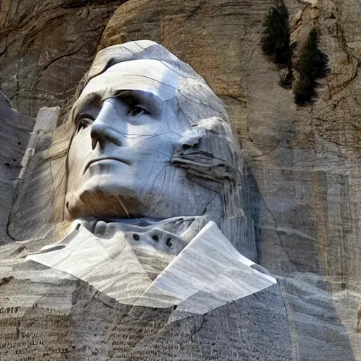 Image similar to donald trump's face carved into the rock on mount rushmore. the photo clearly depicts donald trump's facial features next to other former presidents, at a slightly elevated level, depicting his particular hair style carved into the stone at the mountain top, centered, balances, regal, pensive, powerful, just