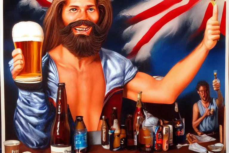 Prompt: a young man holding a beer giving a thumbs up with a long beard, airbrush painted, 80s poster, detailed, uncropped, painted by Jim Burns