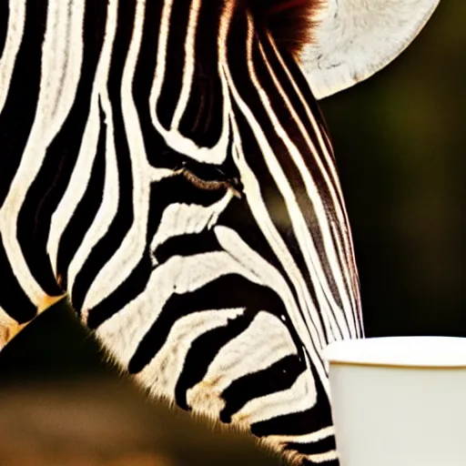 Prompt: photograph of a zebra drinking a cup of coffee