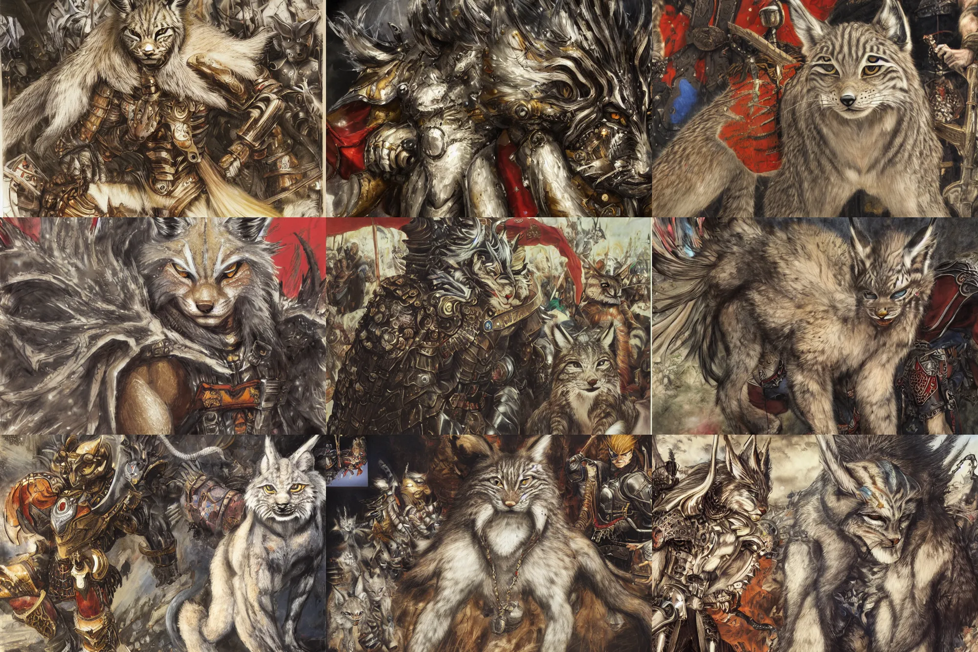 Image similar to 8k Yoshitaka Amano painting of upper body of a young cool looking lynx beast-man with white mane at a medieval market at windy day. Depth of field. He is wearing complex fantasy armors. He has huge paws. Renaissance style lighting.