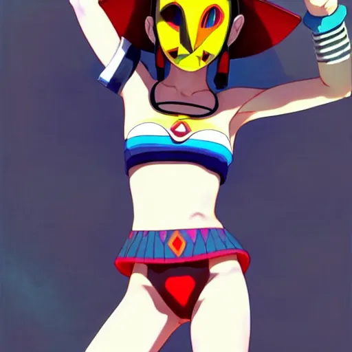 Image similar to beautiful boyish natalie portman gravure model in majora's mask, wearing wooden mask and baseball cap and leotard, street wear with subtle mayan patterns, aztec bathing suit, gapmoe yandere grimdark, trending on pixiv fanbox, painted by greg rutkowski makoto shinkai takashi takeuchi studio ghibli, akihiko yoshida