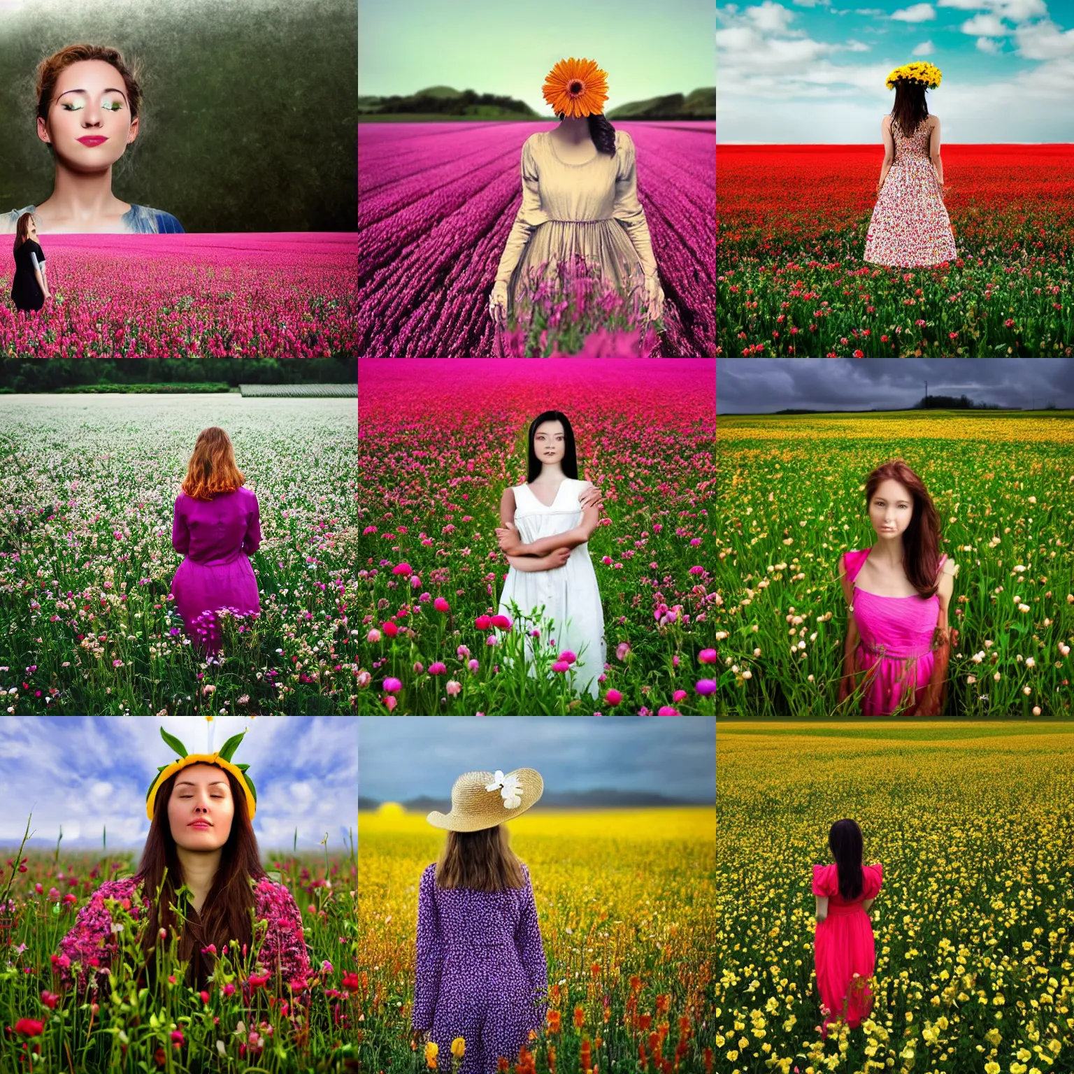 Prompt: woman with a blooming flower face standing in flower field, surreal photography