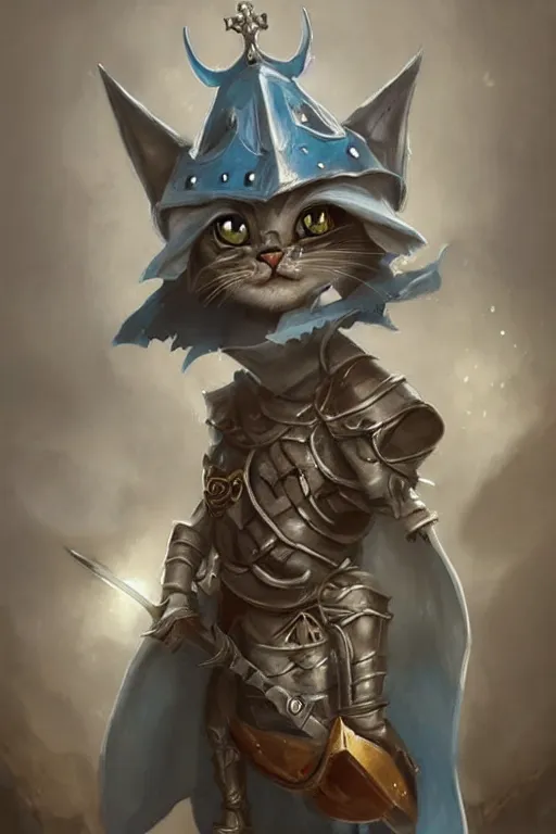 Image similar to cute little anthropomorphic cat knight wearing a cape and a crown, tiny, small, miniature cat , baby animal, short, pale blue armor, cute and adorable, pretty, beautiful, DnD character art portrait, matte fantasy painting, DeviantArt Artstation, by Jason Felix by Steve Argyle by Tyler Jacobson by Peter Mohrbacher, cinematic lighting