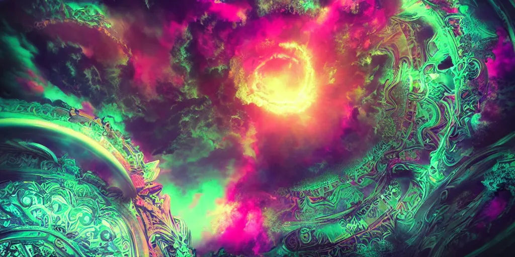 Prompt: [ palate ] [ nebulous energy ] [ muted neon colors ] intricate giant gothic style portal to purgatory, paisley cloud pattern, god at the gate, award winning composition, vibrant neon nebulous clouds, symmetrical details, hyper realistic illustration, radiant light rays, photorealistic illustration, intricate and fine details, volumetric lighting,