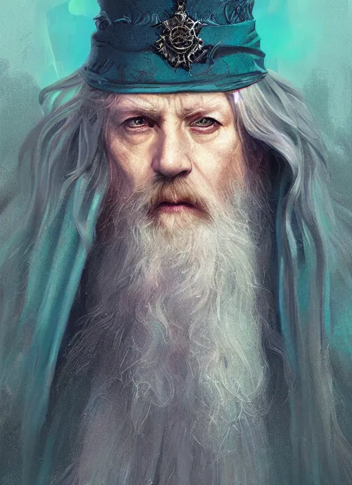Prompt: dumbledore portrait medieval, dark, teal, intricate, highly detailed, smooth, artstation, digital illustration, ruan jia, mandy jurgens, rutkowski