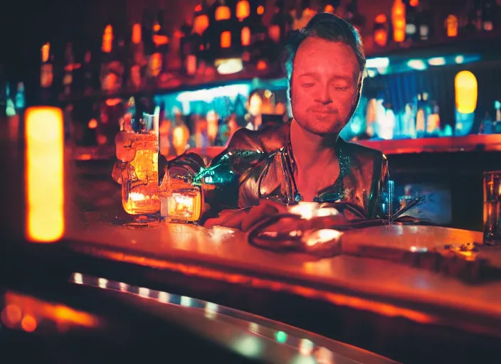 Image similar to a 2 8 mm macro kodachrome photo of a sad metallic cyborg with glowing lights getting drunk alone at a bar in the 1 9 5 0's, seen from a distance, bokeh, canon 5 0 mm, cinematic lighting, film, photography, golden hour, depth of field, award - winning