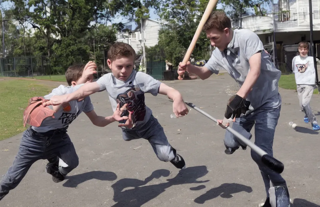 Prompt: jerma hitting a child with an aluminum baseball bat