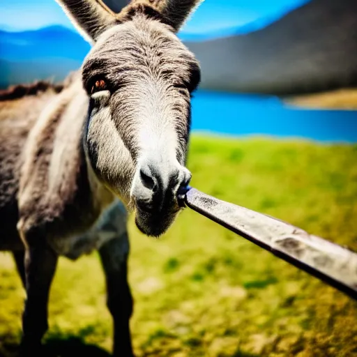 Prompt: close up photo of a donkey, drinking water from a lake in tasmania, bokeh, 4 k award winning nature photography