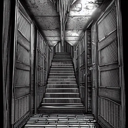 Image similar to a terrifying dark hallway with many doors and many stairs, impending doom, horror, Mc Escher architecture, epic composition, anime key visual