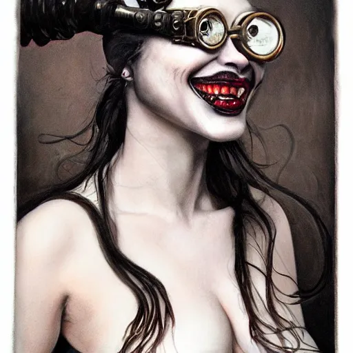 Image similar to a hyperrealistic portrait painting of a beautiful woman with demonic horns wearing steampunk goggles, black lipstick, evil smile, by santiago caruso, highly detailed,