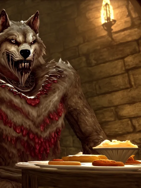 Image similar to cute handsome cuddly burly surly relaxed calm timid werewolf from van helsing sitting down at the breakfast table in the kitchen of a normal country home cooking having fun lighthearted whimsy whimsical baking strawberry tart cakes unreal engine hyperreallistic render 8k character concept art masterpiece screenshot from the video game the Elder Scrolls V: Skyrim