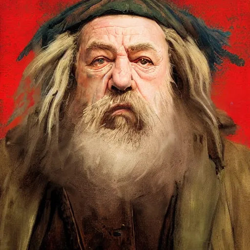 Image similar to Solomon Joseph Solomon and Richard Schmid and Jeremy Lipking victorian genre painting portrait painting of a old rugged actor dwarf warrior from the hobbit , red background