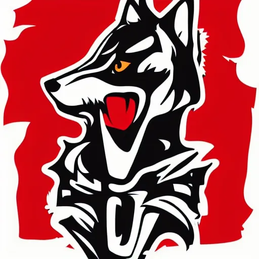 Image similar to vector illustration logo of a wolf with a mohawk gang tag graffiti, red and black, punk, spray smudge, masterpiece, banksy