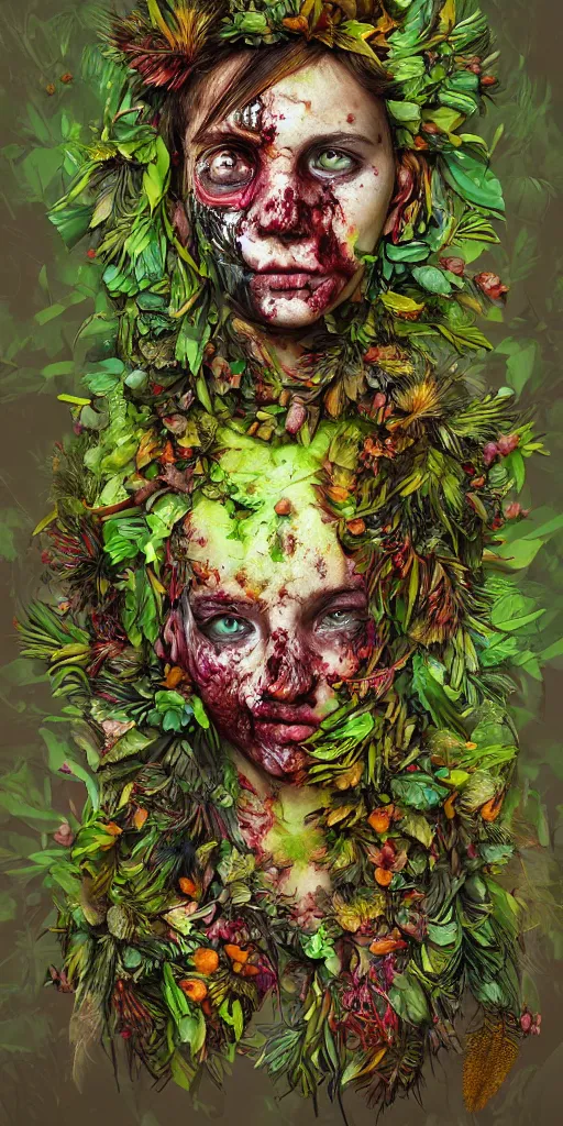 Prompt: portrait of a teenage zombie dissolving into foliage, botanicals, fruit and feathers, highly detailed, dynamic lighting, vivid colors, ambient glow, fantasy art, in the style of arimboldo, cartoonish, whimsical